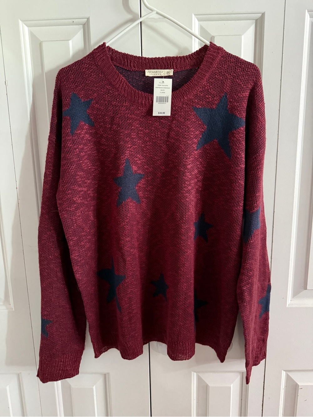 Uncharted  Threads Burgundy Crewneck Sweater with Navy Star Motif